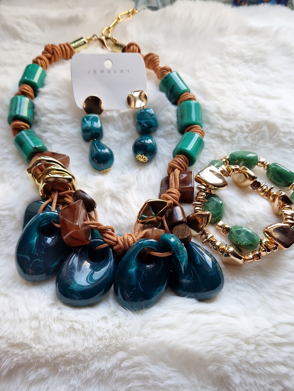 Teal and Brown Statement Necklace & Earring Set